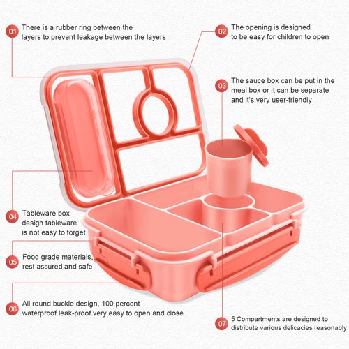 Amathley Bento box lunch box,lunch containers for Adults/Kids/Toddler,5 Compartments bento Lunch box with Sauce Vontainers,Microwave & Dishwasher & Freezer Safe,BPA Free(Pink)