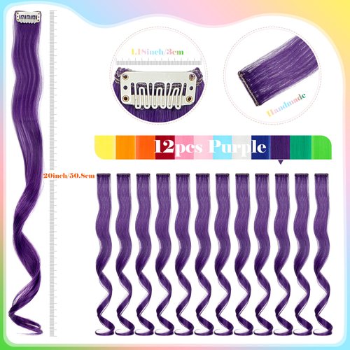 Wodelanle 12 PCS Colored Purple Hair Extensions Clip in Hair Extensions Colorful 20 Inch Wavy Curly Synthetic Hairpiece Colored Hair Extensions for Kids Girls Women Party Highlights