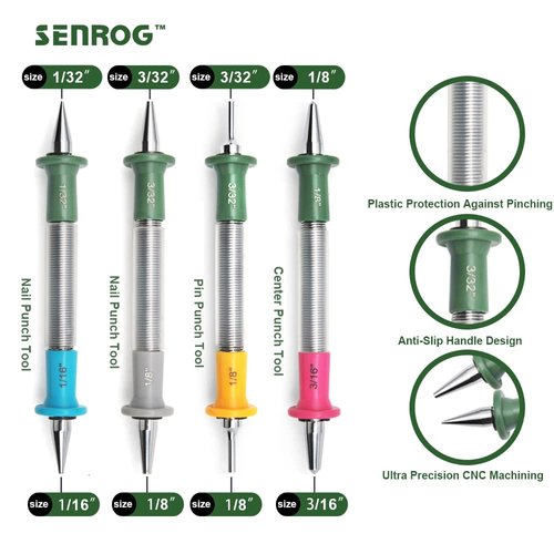 SENROG 4-Pieces Spring Tool Set,Nail Punch:1/32", 1/16", 3/32", 1/8" Spring Loaded Nail Set, 3/32", 1/8" Pin Punch, 1/8", 3/16" Center Punch Spring Punch Tool-4 Pcs(Nail & Pin & Center Punches)