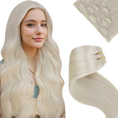 LaaVoo Clip in Hair Extensions Real Human Hair Blonde Clip on Extensions Human Hair Platinum Blonde Human Hair Extensions Clip ins For Women Long Straight 22 Inch 5pcs/80g
