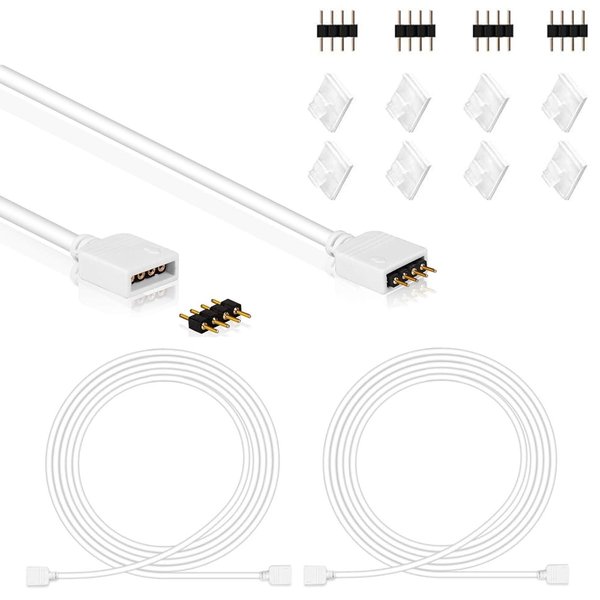 Sunity 2 Pack 2M 6.5ft RGB Extension Cable LED Strip Connector 4 Pin Solderless Strip Jumper Cables Kit with 4 Pack 4 Male Pin Connector for 5050 3528 RGB LED Strip Light