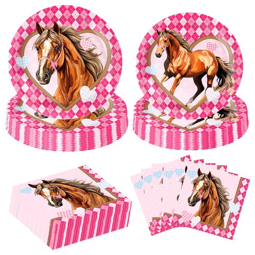 80Pcs Pink Horse Birthday Party Supplies Wild Horse Party Tableware Paper Plates and Napkins Disposable Plates Napkins for Cowgirl Horse Themed Birthday Baby Shower Party Decorations, Serves 40