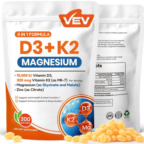 VEV Vitamin D3 K2 Magnesium Vitamin Supplement - 10,000 IU Vitamin D3, 200 mcg MK-7, Magnesium Glycinate & Malate, Zinc Citrate – 300 Softgels, for Energy, Bone & Muscle Support