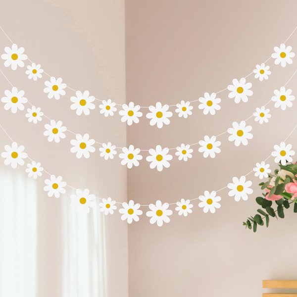 JJUNW 3 Packs Daisy Boho Banner Party Decorations, Daisy Garland Kit, Groovy Party Favors White Daisy Decor, Daisy Paper Cutouts for Indoor Outdoor Girls Shower Birthday Party Supplies