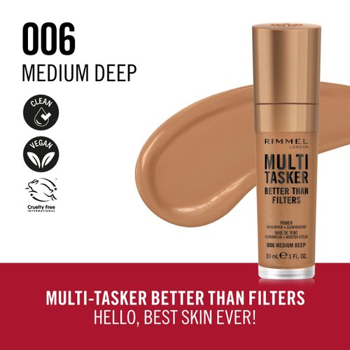 Rimmel Multi-Tasker Better Than Filters, 006 Medium Deep, Face Primer, Glow Booster and Highlighter, Vegan Formula, Anti-Ageing Benefits, Light-Reflecting Pigments, Giant Soft-Touch Wand, 1oz