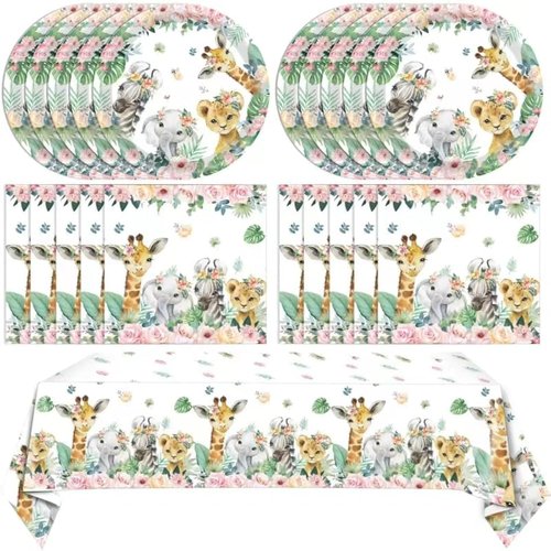 41 PCS Party Animals Birthday Decorations Safari Jungle Theme Birthday Party Supplies Jungle Animals Birthday Plates and Napkins Tablecloth for Girls Wild One Two Birthday