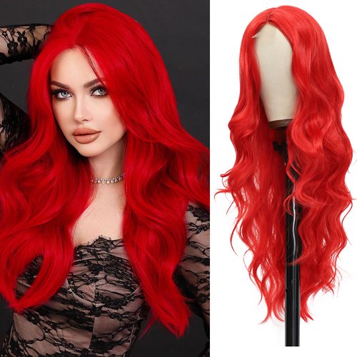 WOKAA Long Silky Red Wigs for Women 26 Inches Curly Wavy Wig Middle Part Natural Looking Synthetic Heat Resistant Wigs for Halloween Cosplay Daily Party Use