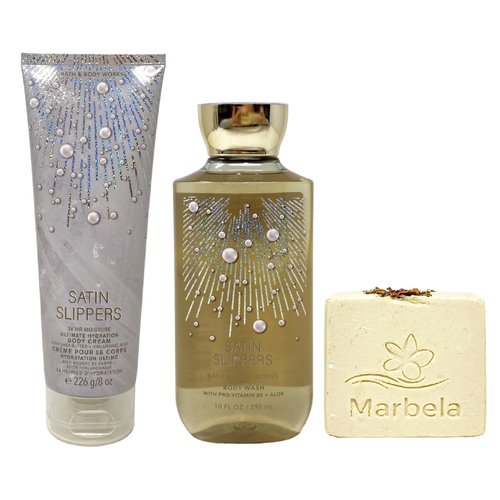 Bath & Body Works Satin Slippers Body Cream and Body Wash Bundle with a Creamy Rose Bar Soap - Full Size