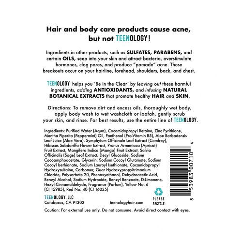 Teenology Body Wash for Teens - Avoid Body Acne and Breakouts - Sulfate and Paraben Free, Natural Botanical Extracts (Tropical Orange)