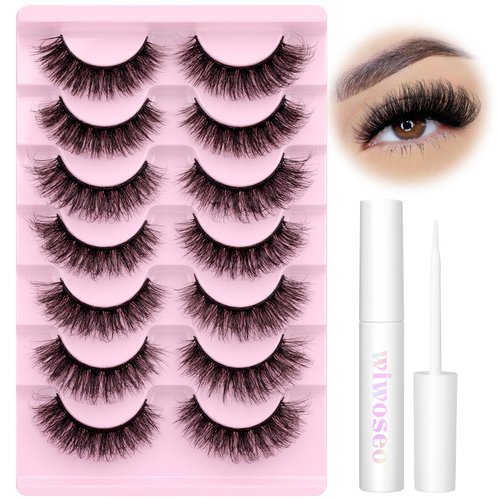 wiwoseo Mink Lashes Fluffy Eyelashes Natural Look Lashes with Glue Short Lashes Cat Eye Lashes Russian Strip Lashes Extension 15MM D Curl Eyelashes with Glue Kit 7 Pairs False Lashes with Lash Glue