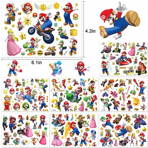 8 Sheets(194 PCS) Mario Temporary Tattoos Stickers, Birthday Party Supplies Favors Super Cute Fake Tattoos Stickers Party Decorations for Kids Boys Girls School Rewards Gifts
