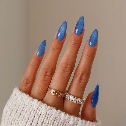 KKUUOO Blue Cat Eye Press on Nails Almond Fake Nails Gradient Acrylic Nails with Glitter Full Cover False Nails Glossy Stick on Nails Reusable Artificial Nails Jelly Press on Nails for Women Girls
