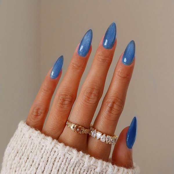 KKUUOO Blue Cat Eye Press on Nails Almond Fake Nails Gradient Acrylic Nails with Glitter Full Cover False Nails Glossy Stick on Nails Reusable Artificial Nails Jelly Press on Nails for Women Girls