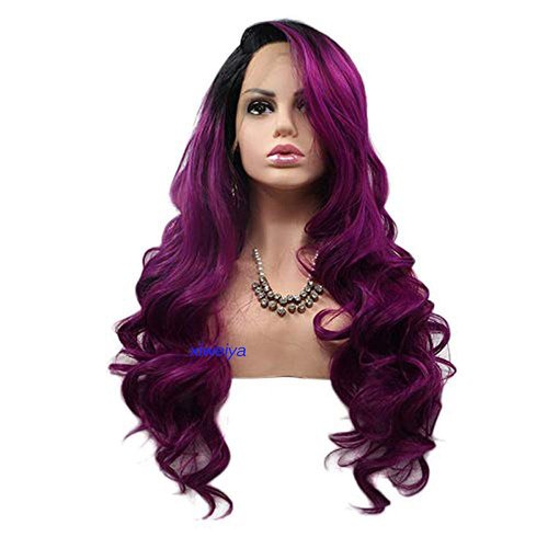 xiweiya 13 * 3 Lace Front Wigs Long Ombre Purple Wigs with Dark Roots Side Part Purple Synthetic Lace Front Wigs for Women 26 Inch Heat Resitant Wig High Density Wig