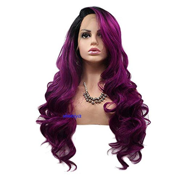 xiweiya 13 * 3 Lace Front Wigs Long Ombre Purple Wigs with Dark Roots Side Part Purple Synthetic Lace Front Wigs for Women 26 Inch Heat Resitant Wig High Density Wig