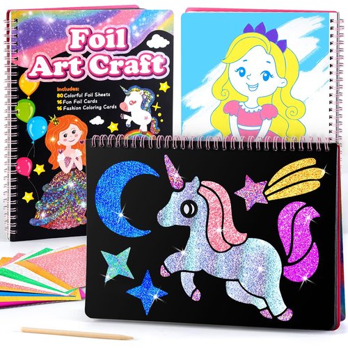 EDUJOY Fun Foil Art Kit for Kids - Foil Crafts for Kids Ages 4-8, Christmas Birthday Gifts for 5 6 7 8 9 Year Old Girls Toys, No Mess Creative Activity, DIY Foil Coloring Kits for Girl Toys Age 4-5