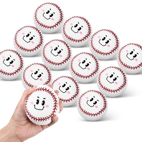 Poen 12 Pcs Baseball Stuffed Animal 3 inch Plush Soft Baseball Baby Baseball Toy Smiling Face Baseball Stress Balls Squeeze Relief Toy for Baby and Toddler Girls or Boys