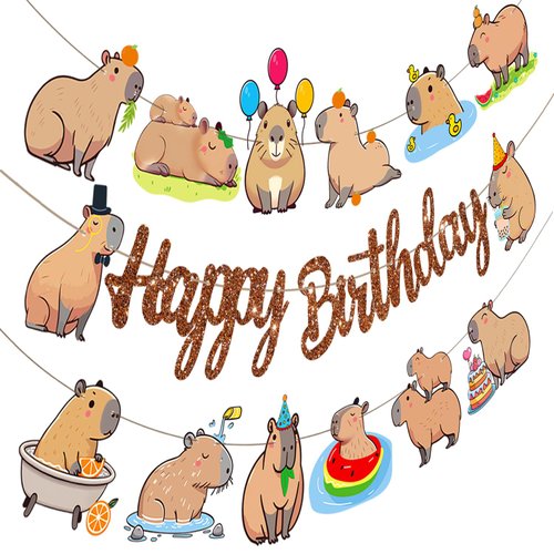 Capybara Birthday Banners 2Pcs Capybara Party Decorations Glitter Brown Pet Capybara Happy Birthday Banners Capybaras Theme Party Supplies for Animals Baby Shower Supplies