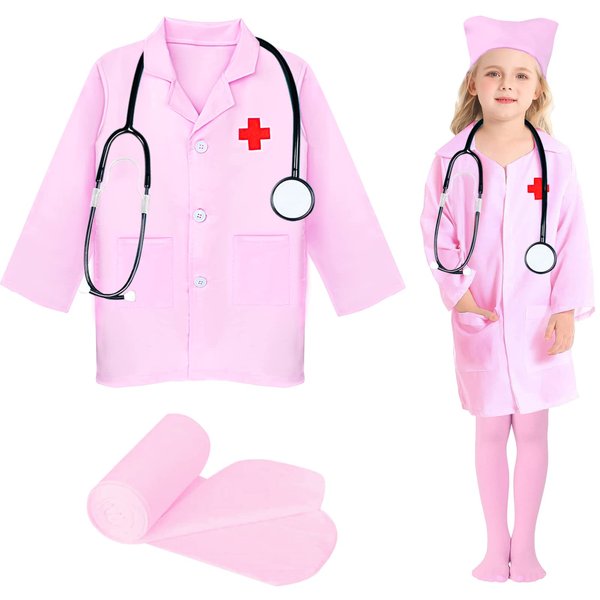 Matiniy 4 Pcs Nurse Costume Set for Kids Includes Lab Coat Nurse Cap Solid Color Footed Pantyhose Doctor Dress Up Role Play Costume for Toddlers Kids Nurse Day Halloween (Pink, 120)