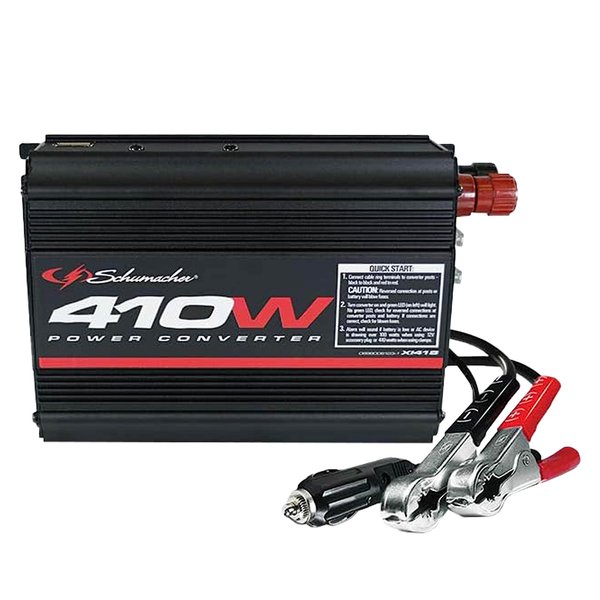 Schumacher Electric XI41B DC to AC Power Inverter with Two AC Outlets and USB Port, 410 Continuous Watt, 820 Peak Watt, 120 Volt AC, 2 Amp USB, Black, 1 Unit