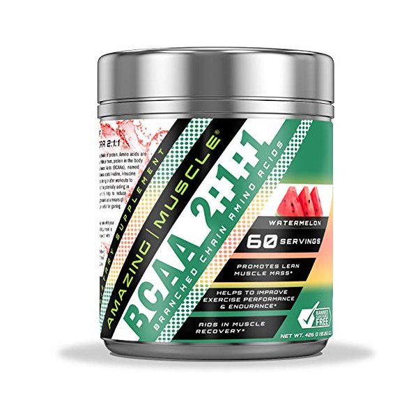 Amazing Muscle BCAA 2:1:1 Branched Chain Amino Acids Supplement | 6000 Mg Per Serving | 60 Servings | Watermelon Flavor