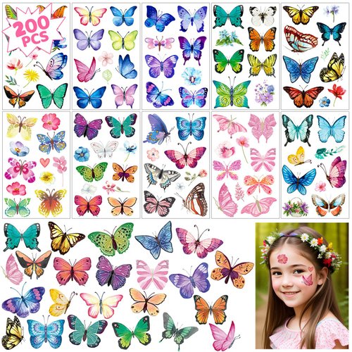 200Pcs Butterfly Tattoos Temporary for Kids/Women, Colorful & Waterproof Butterfly Temporary Stickers for Party Favors/Gifts/Decoration…