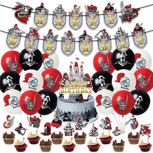 Medieval Theme Party Supplies Medieval Castle Knights Birthday Decorations Including Happy Birthday Banner, Balloons, Cake Topper & Cupcake Toppers for Kids Birthday Party Decor