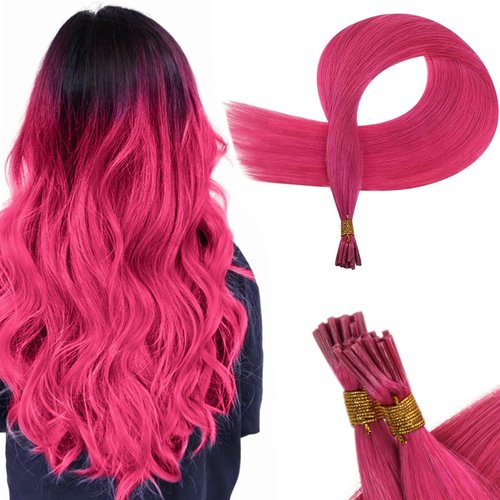 RUNATURE Itip Human Hair Extensions 18 Inch I Tip Hair Extensions Human Hair Hot Pink I Tip Hair Extensions Pink Human Hair I Tip Extensions Pre Bonded I Tip Hair Extensions Pink for Highlight 25g 25s