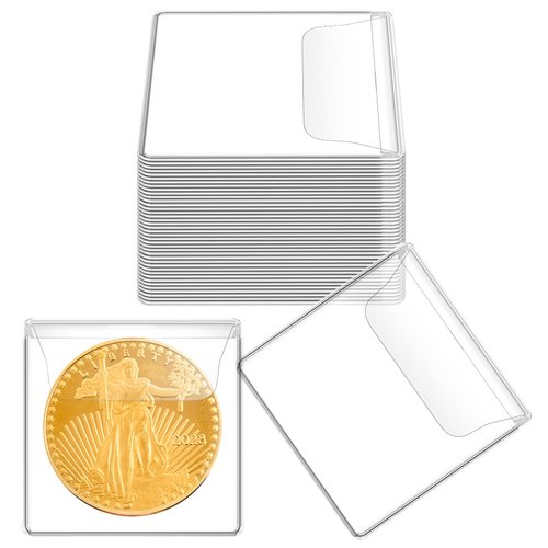 Mauproy 50PCS Single Pocket Coin Sleeves, 2.1 x 2.1 Inches Clear Plastic Coin Holders Individual Coin Protectors Small Pouches for Coin Currency Bills Collectors