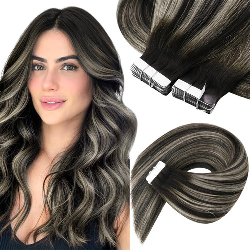 Sunny Hair Tape in Extensions Black Ombre Tape in Hair Extensions Human Hair Natural Black Ombre Silver Grey Balayage Tape in Human Hair Extensions Black Ombre Hair Extensions Tape in 16inch 50g 20pcs