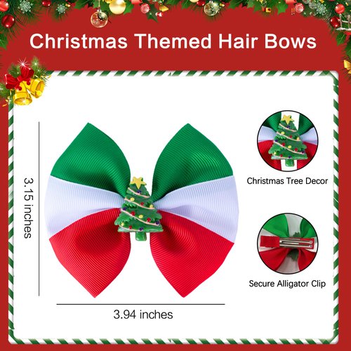 Christmas Hair Bows Christmas Tree Hair Clips for Girls Women Handmade Grosgrrain Hair Bow Clip Grosgrain Ribbon Bows XMAS Hair Accessories for Christmas Party Decor, Red & Green & White