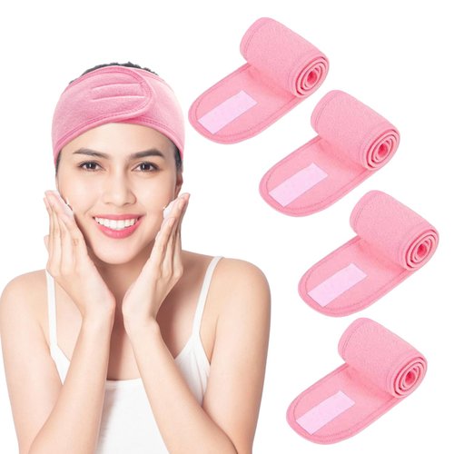 BOQITING 4Pcs Spa Facial Headband Adjustable Soft Head Terry Cloth Headband Makeup Headbands for Shower Facial Mask Face Washing Sports Yoga With Magic Tape Terry （Pink）