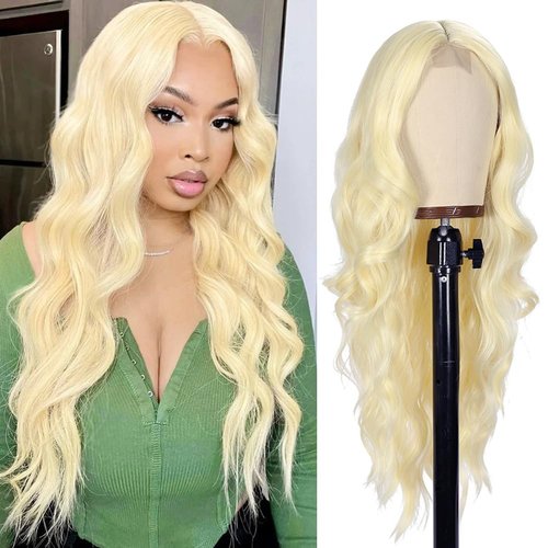 Colorful Queen 613 Blonde Wig 26 Inch Long Wavy Blonde Wigs for Women Curly Wavy Wig Middle Part Synthetic Lace Wigs for Daily Party Use Cosplay Wigs