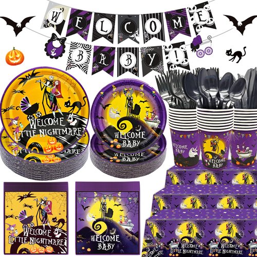 HigzYovn 183Pcs Welcome Little Nightmare Baby Shower Decorations Nightmare Before Christmas Party Supplies Nightmare Before Christmas Baby Shower Decorations Tableware for Baby Shower Party Decor