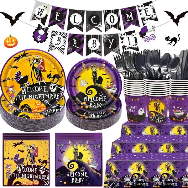 HigzYovn 183Pcs Welcome Little Nightmare Baby Shower Decorations Nightmare Before Christmas Party Supplies Nightmare Before Christmas Baby Shower Decorations Tableware for Baby Shower Party Decor