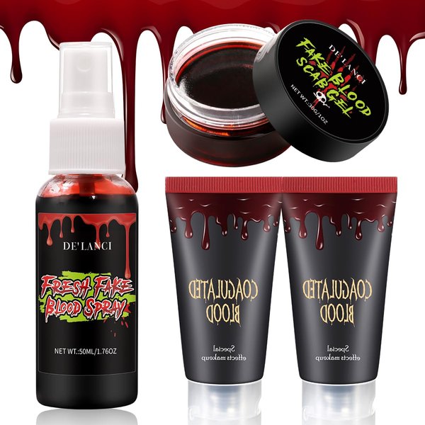 Halloween Fake Blood Makeup Kit Essentials-4pcs, SFX Washable Realistic Fake Blood，Scary Vampire Zombie Fake Blood Kit for Clothes，Non-Toxic，Easy to Remove，Special Effects Blood