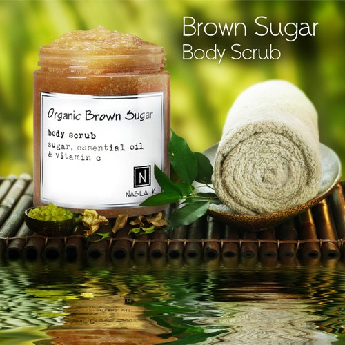 Organic Brown Sugar Body Scrub Made in USA with Essential Oil and Vitamin C by Nabila K - Exfoliate and Moisturize for Smooth Skin - Luxury for Women & Men, 3 oz