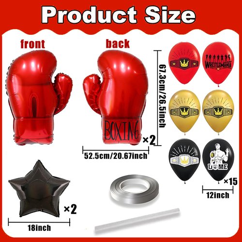 19pcs Red Boxing Gloves Balloon Set Aluminum Foil Balloon Wrestling Party WWE Party Boxing Sports Theme Party UFC Party for Birthday Baby Shower Anniversary Boy Party Supplies