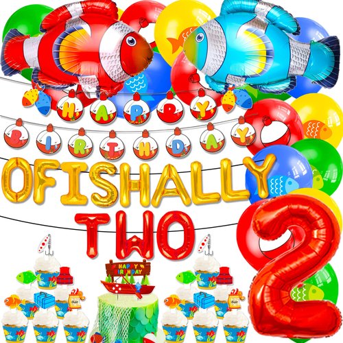 JeVenis 34 PCS Ofishally Two Birthday Decoration Ofishally Two Balloons Banner 2nd Birthday Fishi...