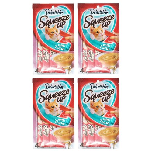 Delectables Squeeze Up Hartz Cat Treats Bundle of 4 Flavor Pouches, 2.0 oz Each (Tuna)