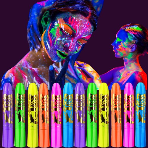 12 Pieces Glow In The UV Light Body & Face Paint,Glow In The Black Light Face Painting Kits Makeup for Adult Glow Party Supplies