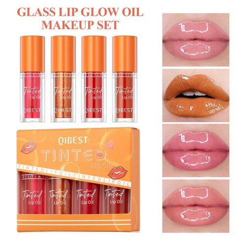 Hulyfw 4Pcs Hydrating Lip Glow Oil,Moisturizing Lip Oil Big Brush Head Long Lasting Hydrating Shimmery Transparent,Glass Lip Glow Oil Nourishing Repairing & Non-sticky Lip Gloss Makeup Set B