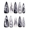 MISUD Press on Nails Long Stiletto Fake Nails Glossy Glue on Nails Almond Acrylic Nails Goth Black Artificial Nails Gothic Butterfly Stick on False Nails with Pearl Design 24 pcs