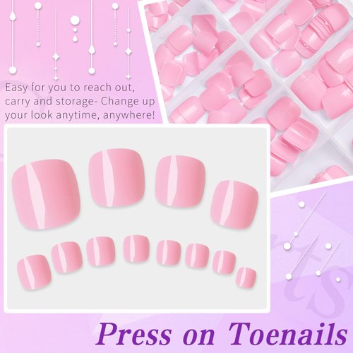 Lifextol 240pc Press on Toenails for Women Toe Press on Nails Short Fake Toe Nails Press ons with Glue&Adhesive Tabs, Acrylic Toe Nail Tips False Toenail Press ons Artificial Fake Toenails-Pink