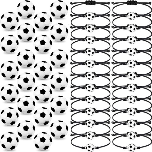 Romooa 48 Pieces Soccer Party Favor Sports Birthday Supplies Set 24 Inspirational Soccer Bracelets 24 Mini Soccer Foam Stress Ball for Sports Theme Birthday Party Team Gifts