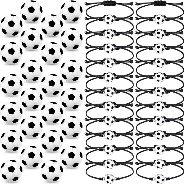 Romooa 48 Pieces Soccer Party Favor Sports Birthday Supplies Set 24 Inspirational Soccer Bracelets 24 Mini Soccer Foam Stress Ball for Sports Theme Birthday Party Team Gifts