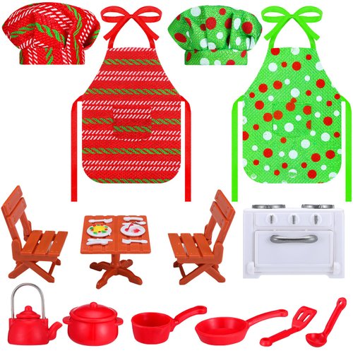Christmas Elf Accessories Mini Elf Doll Baker Outfit Set Include Apron Hats Rolling Pin Egg Cookie Tray Set Mixing Bowl for Xmas Elf Doll Decorations, Doll is Not Included (Vintage Style)