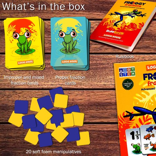Logic Roots Froggy Fractions Math Games for Fourth Grade and up, 24 Fraction Manipulatives 72 Proper, Improper, and Mixed Fractions Card, Stem Toys for 10 Year Olds and Up