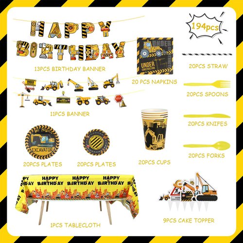 Jspupifip 194 Pcs Construction Birthday Party Supplies,Dump Truck Party Decor with Cake Toppers Banner Tablecloth Plates Straw Cups Napkins Transportation 20 Kit for Kids Boys Birthday Party Supplies