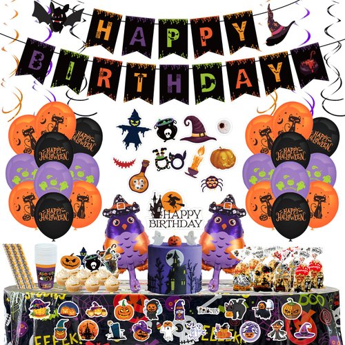 Halloween Party Decorations Supplies 172Pcs, Party Banner Balloon Decorations Set, Halloween Themed Birthday Party Supplies Kits with Tablecloth Snacks Bag for Kids, Party Favor Halloween Decor Kit